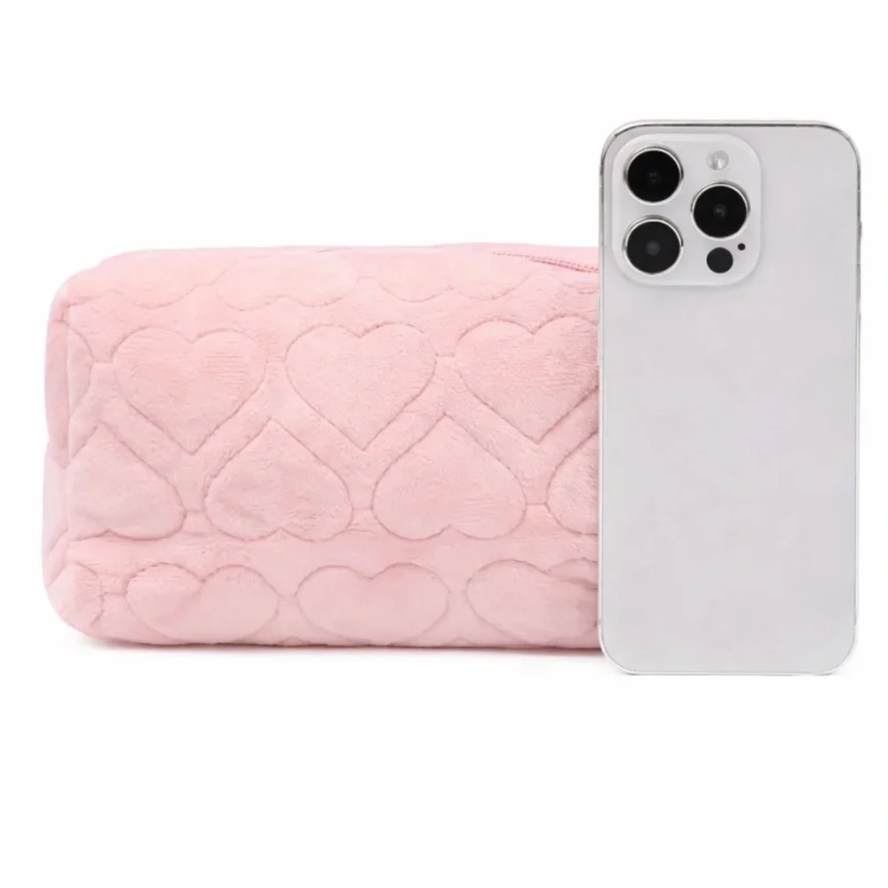 Pink Fuzzy Heart Quilted Makeup Bag Cosmetic Travel Pouch